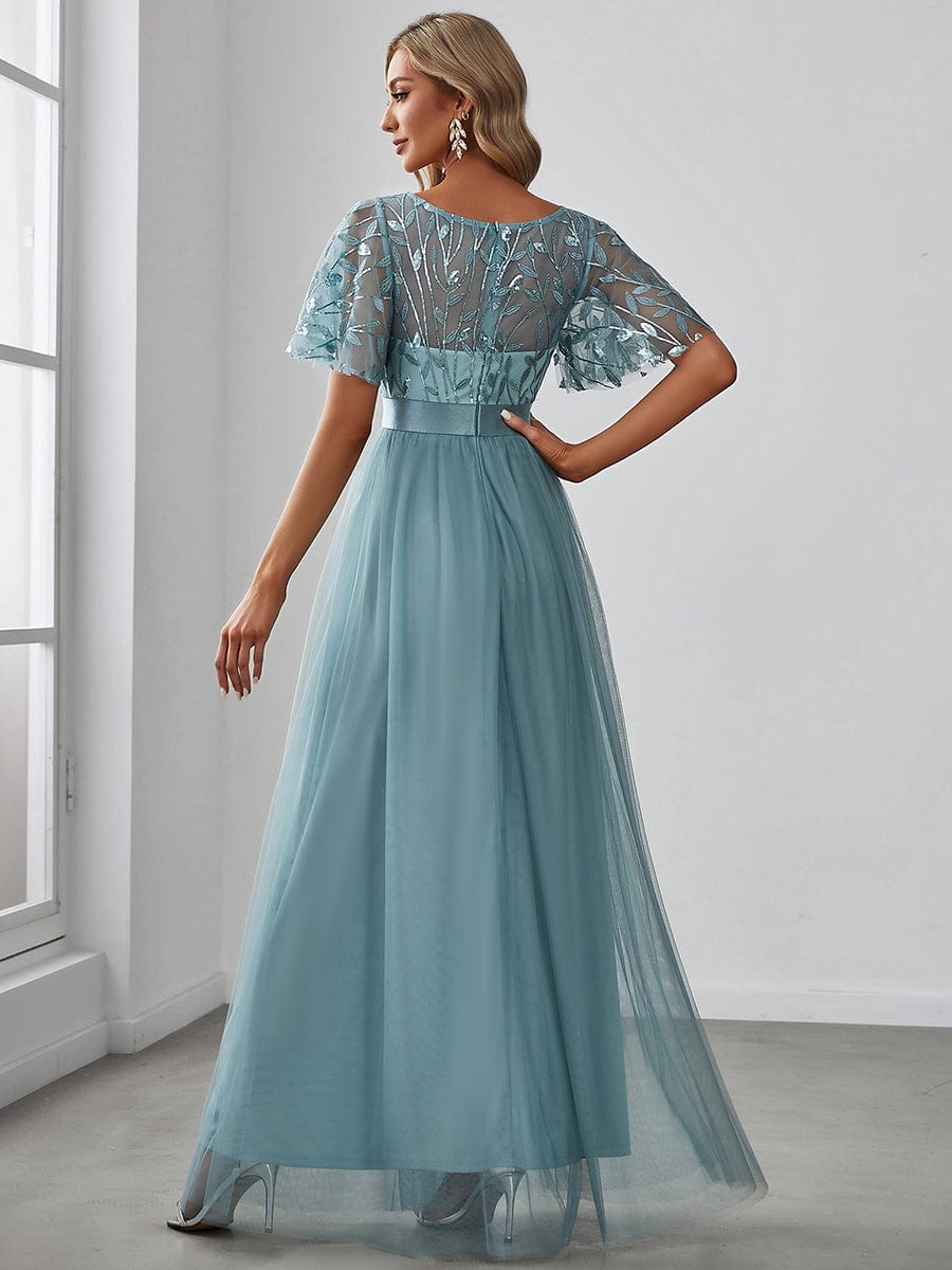 Shimmering Sequin Printed Cap Sleeve Evening Gown