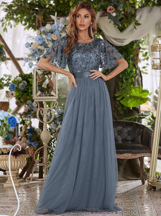 Shimmering Sequin Printed Cap Sleeve Evening Gown