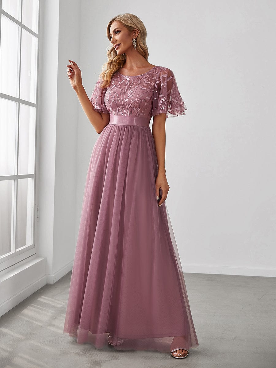 Shimmering Sequin Printed Cap Sleeve Evening Gown