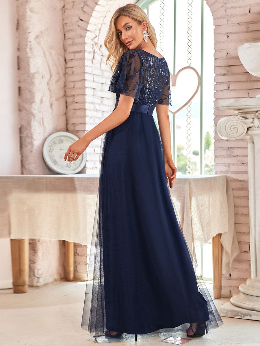 Shimmering Sequin Printed Cap Sleeve Evening Gown