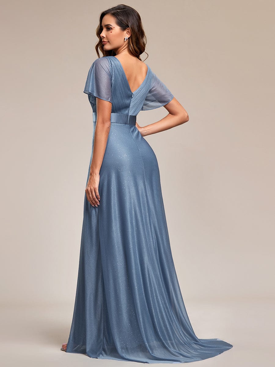Shimmering Short Sleeve Ribbon Waist A-Line Evening Dress
