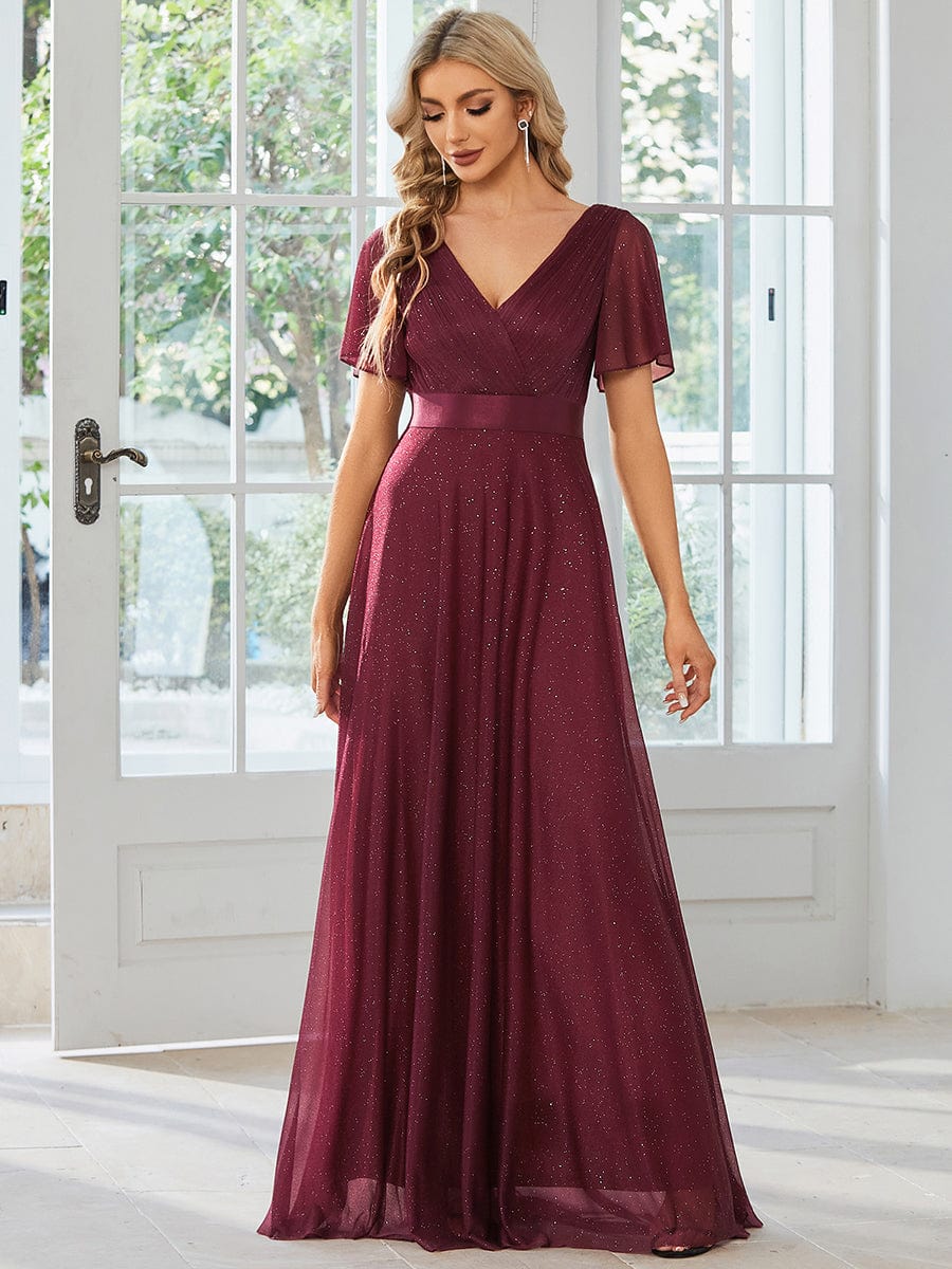Shimmering Short Sleeve Ribbon Waist A-Line Evening Dress