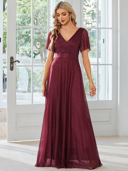 Shimmering Short Sleeve Ribbon Waist A-Line Evening Dress