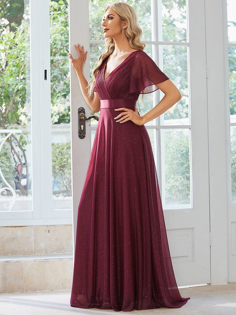 Shimmering Short Sleeve Ribbon Waist A-Line Evening Dress