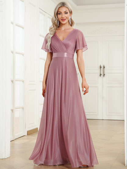 Shimmering Short Sleeve Ribbon Waist A-Line Evening Dress