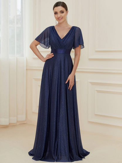 Shimmering Short Sleeve Ribbon Waist A-Line Evening Dress