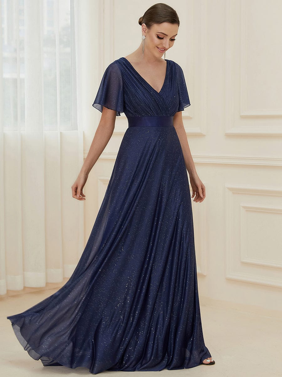 Shimmering Short Sleeve Ribbon Waist A-Line Evening Dress