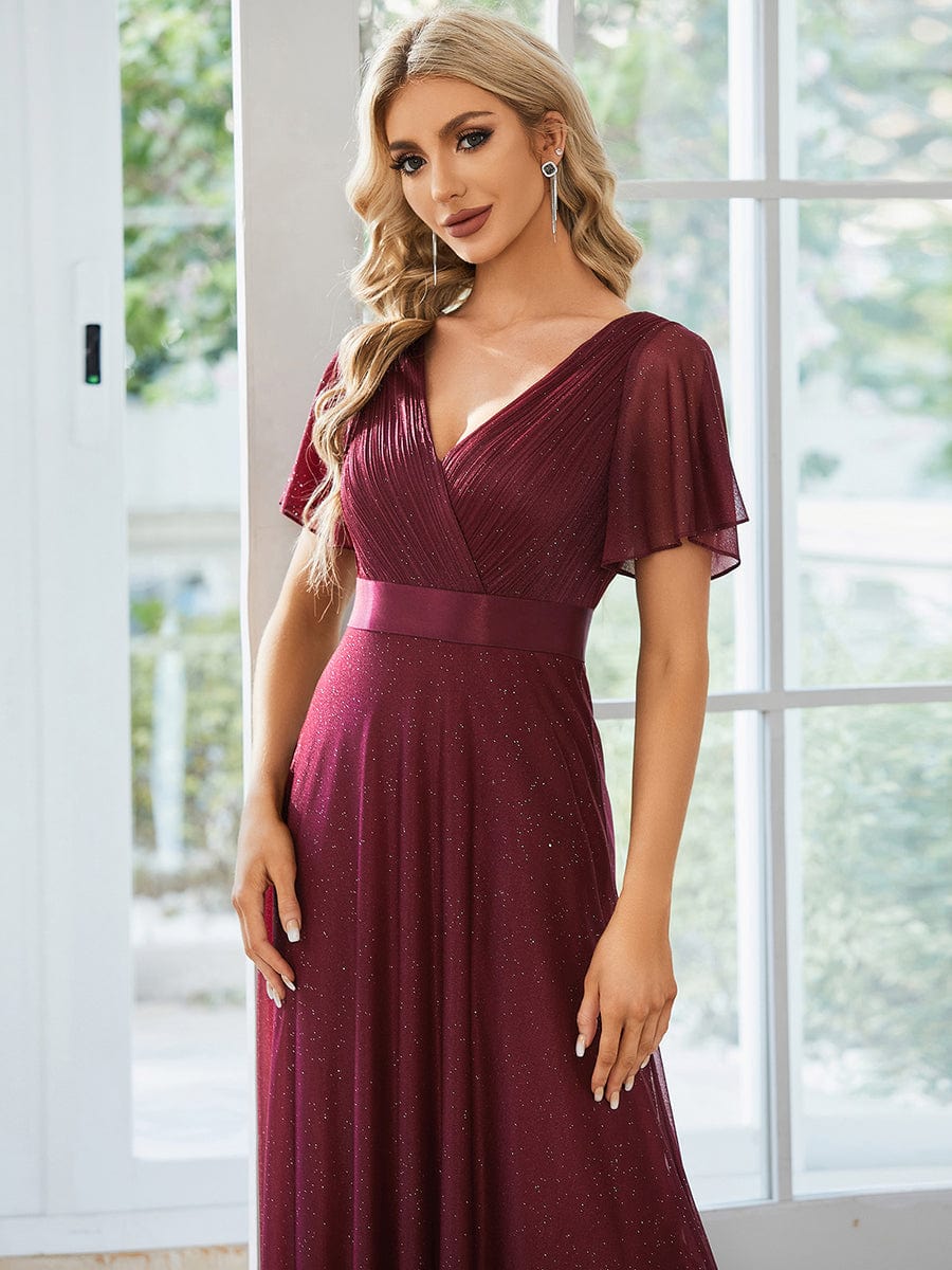 Shimmering Short Sleeve Ribbon Waist A-Line Evening Dress