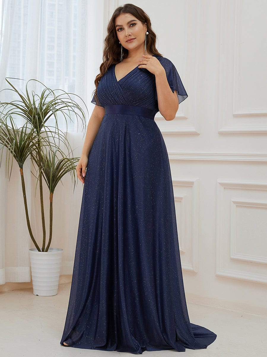 Shimmering Short Sleeve Ribbon Waist A-Line Evening Dress