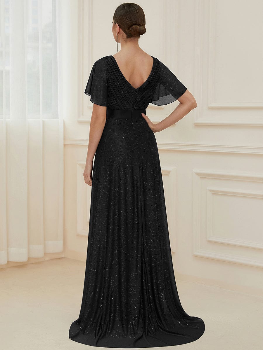 Shimmering Short Sleeve Ribbon Waist A-Line Evening Dress