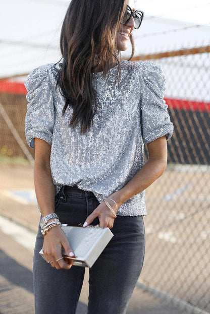 Shimmering Short Sleeve Sequin Top with Ruched Puff Detail