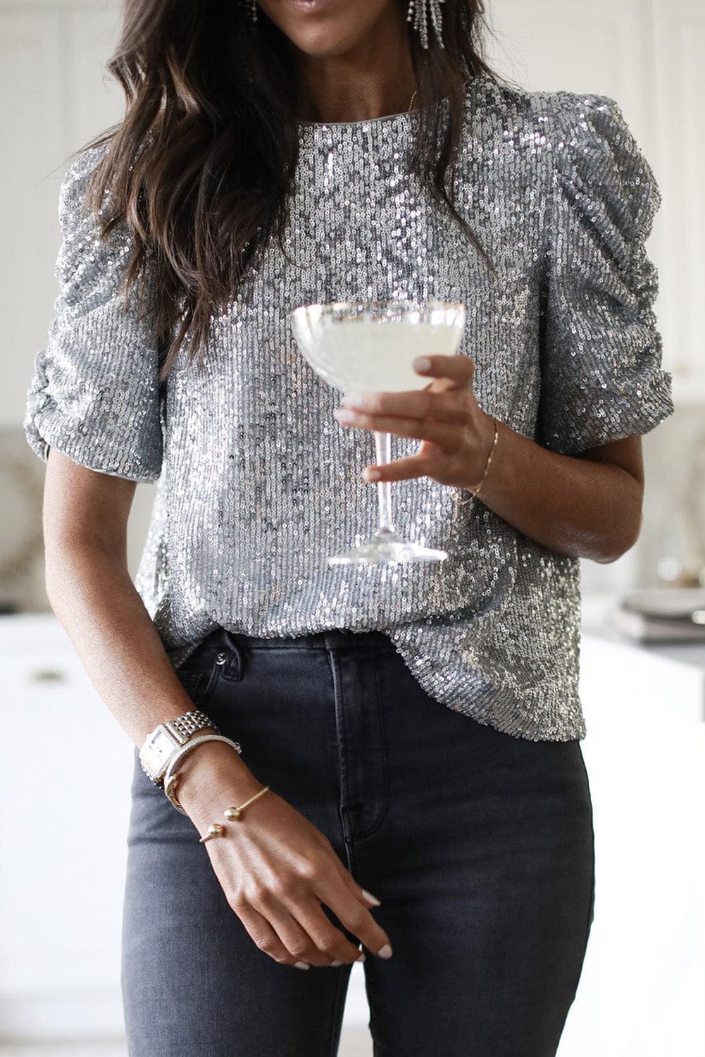 Shimmering Short Sleeve Sequin Top with Ruched Puff Detail