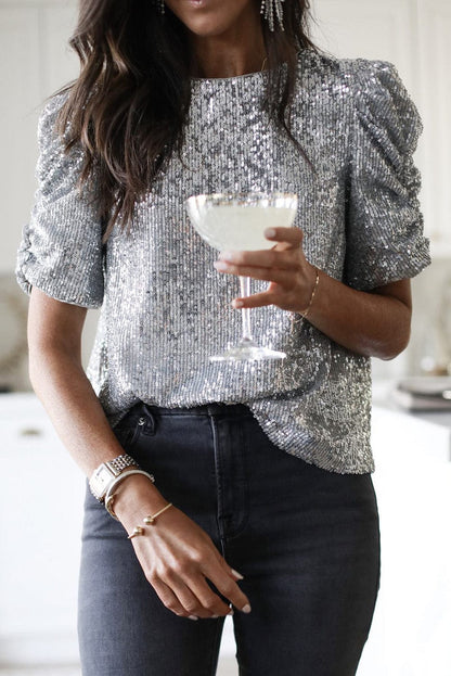 Shimmering Short Sleeve Sequin Top with Ruched Puff Detail
