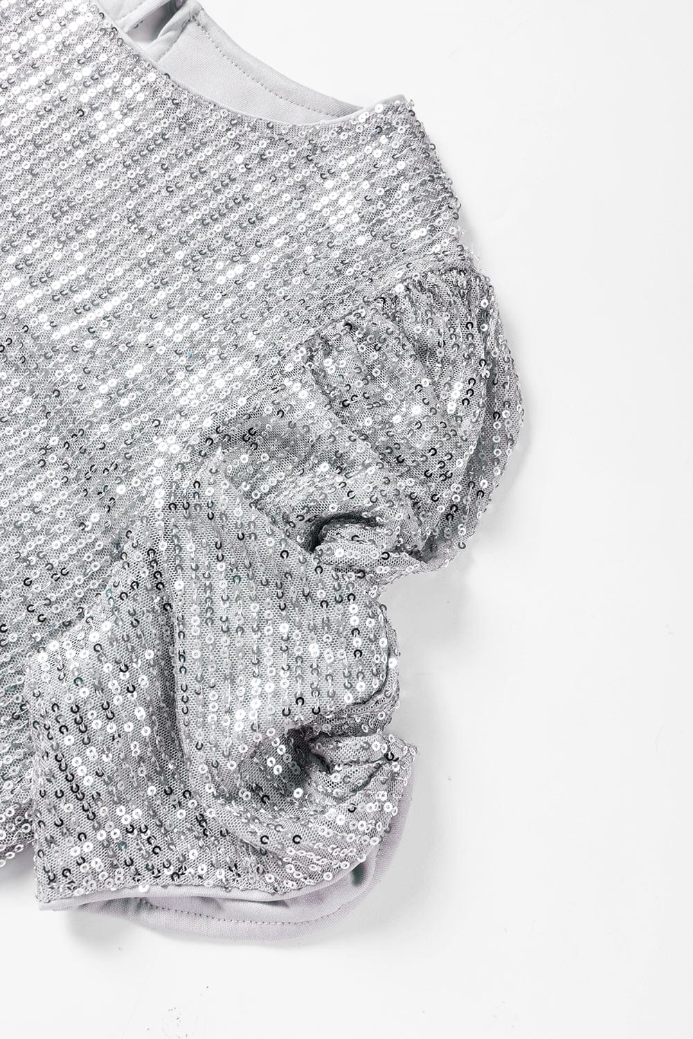 Shimmering Short Sleeve Sequin Top with Ruched Puff Detail