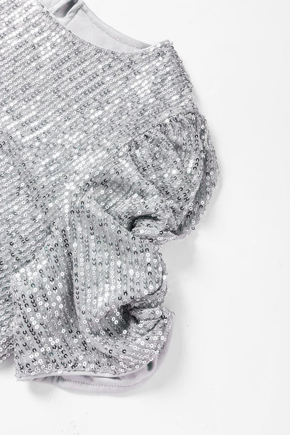 Shimmering Short Sleeve Sequin Top with Ruched Puff Detail