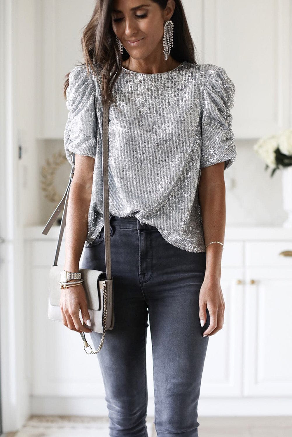 Shimmering Short Sleeve Sequin Top with Ruched Puff Detail