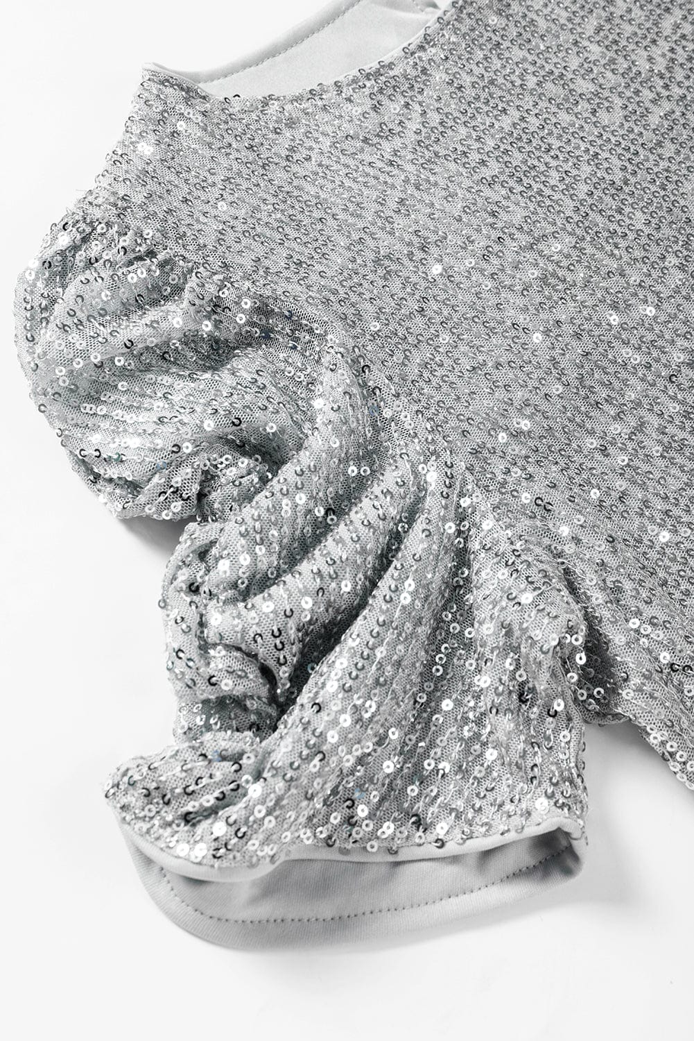 Shimmering Short Sleeve Sequin Top with Ruched Puff Detail