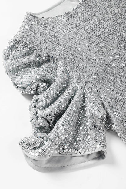 Shimmering Short Sleeve Sequin Top with Ruched Puff Detail