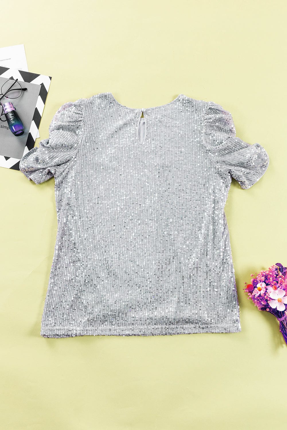 Shimmering Short Sleeve Sequin Top with Ruched Puff Detail