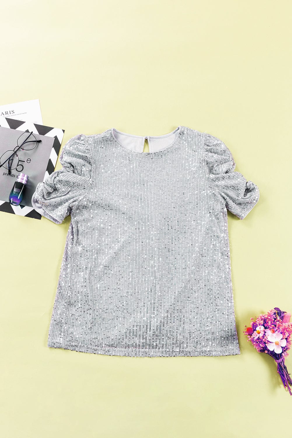 Shimmering Short Sleeve Sequin Top with Ruched Puff Detail