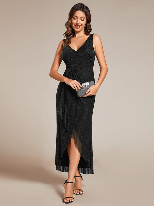 Shimmering Sparkle V Neck Midi Wedding Guest Dress with Delicate Straps