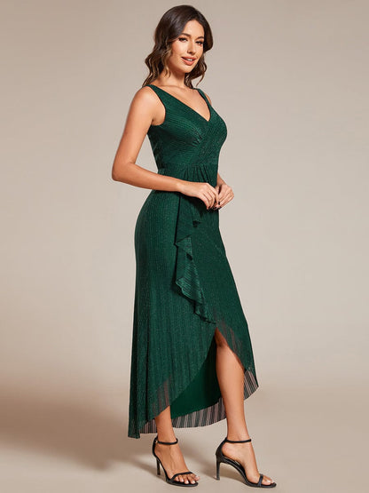 Shimmering Sparkle V Neck Midi Wedding Guest Dress with Delicate Straps