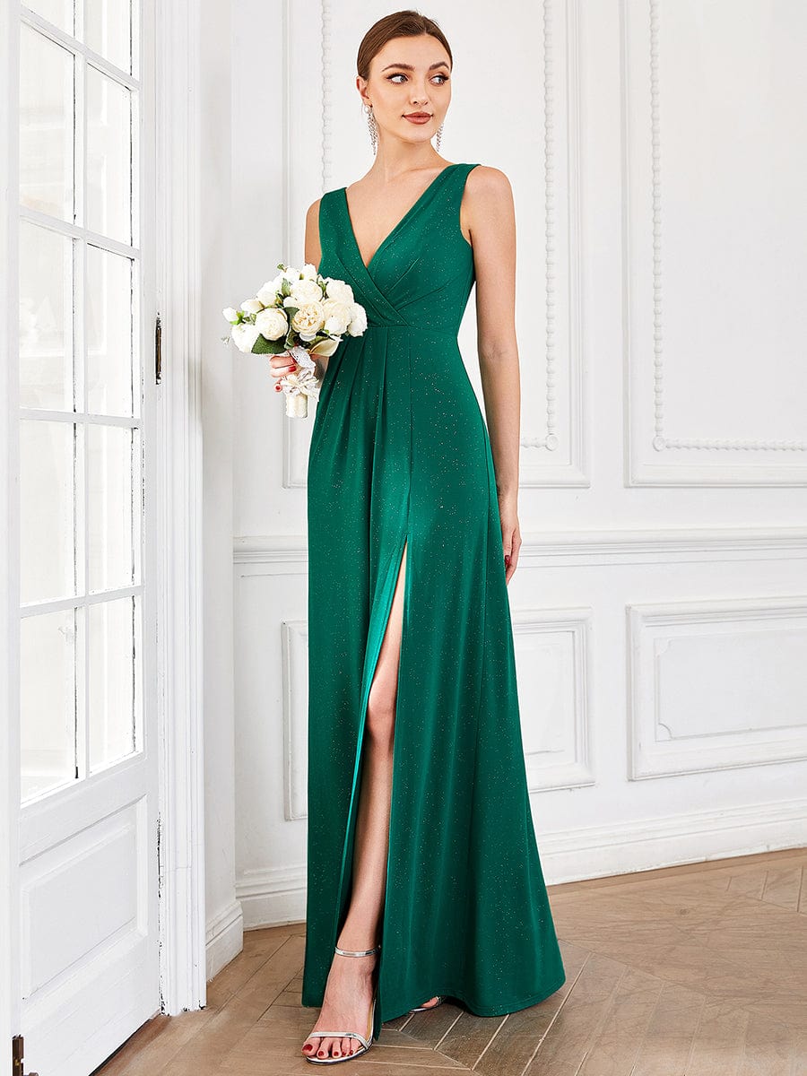 Shimmering V Neck Floor Length Evening Gown With Side Split