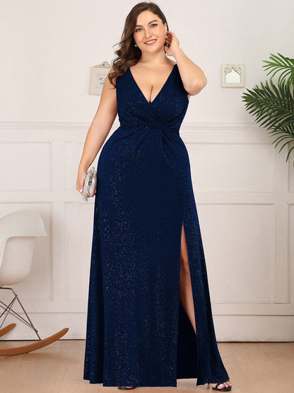 Shimmering V Neck Floor Length Evening Gown With Side Split