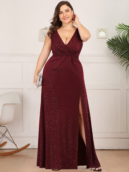 Shimmering V Neck Floor Length Evening Gown With Side Split