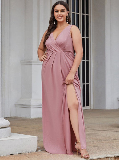 Shimmering V Neck Plus Size Evening Gown