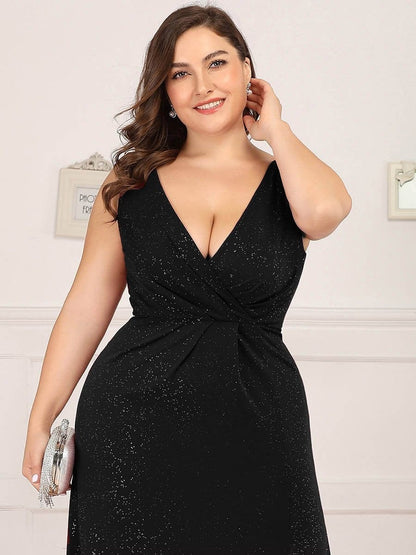 Shimmering V Neck Plus Size Evening Gown