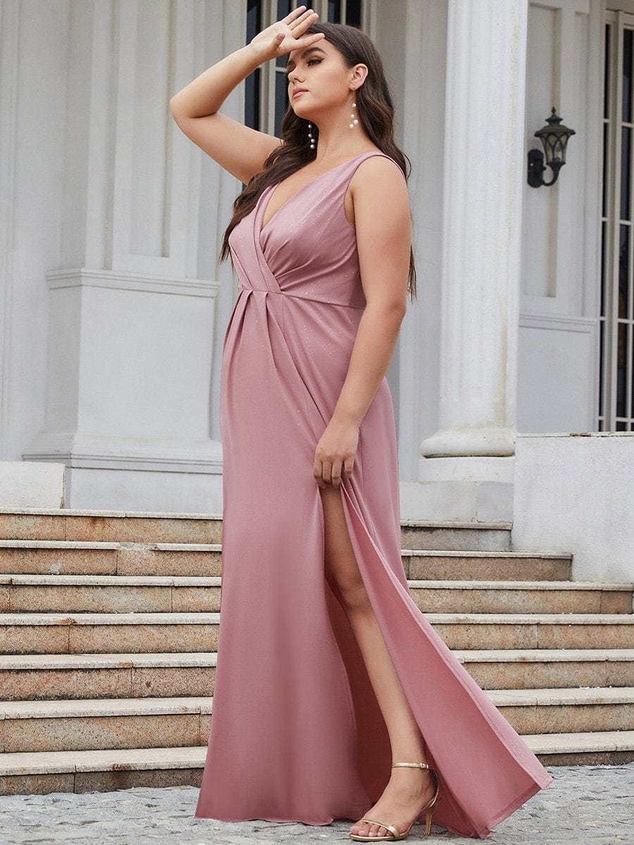 Shimmering V Neck Plus Size Evening Gown