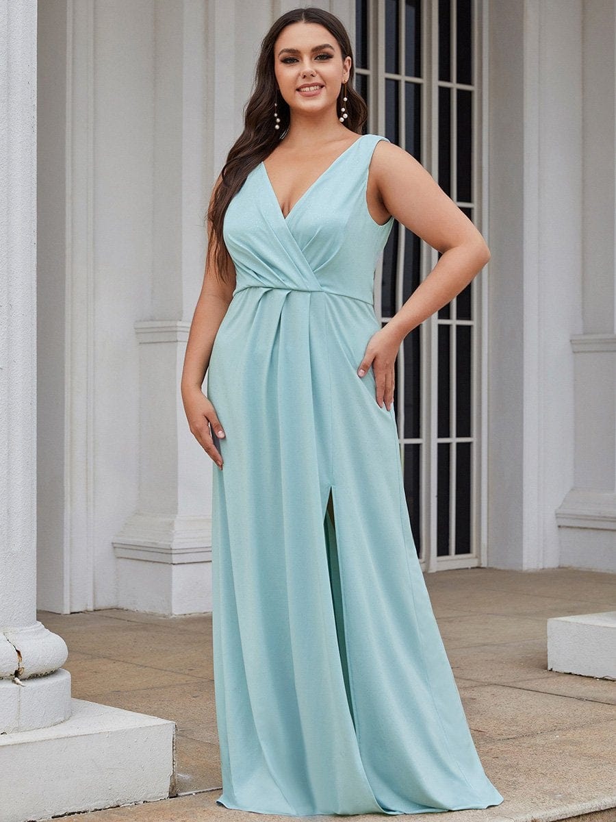 Shimmering V Neck Plus Size Evening Gown