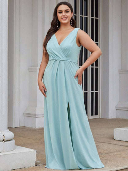 Shimmering V Neck Plus Size Evening Gown