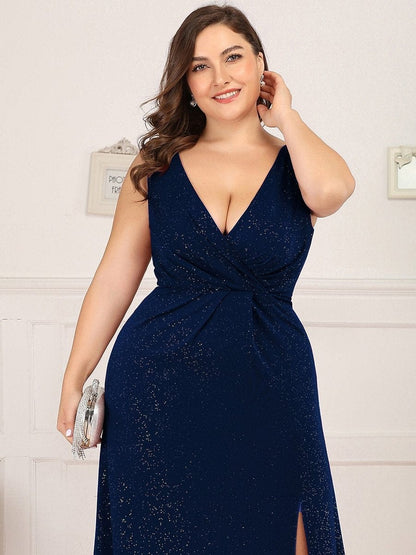 Shimmering V Neck Plus Size Evening Gown