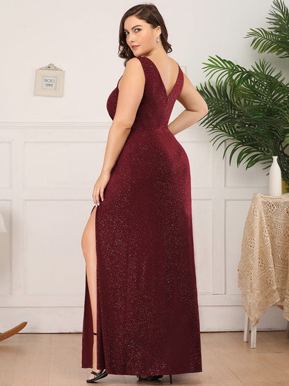 Shimmering V Neck Plus Size Evening Gowns