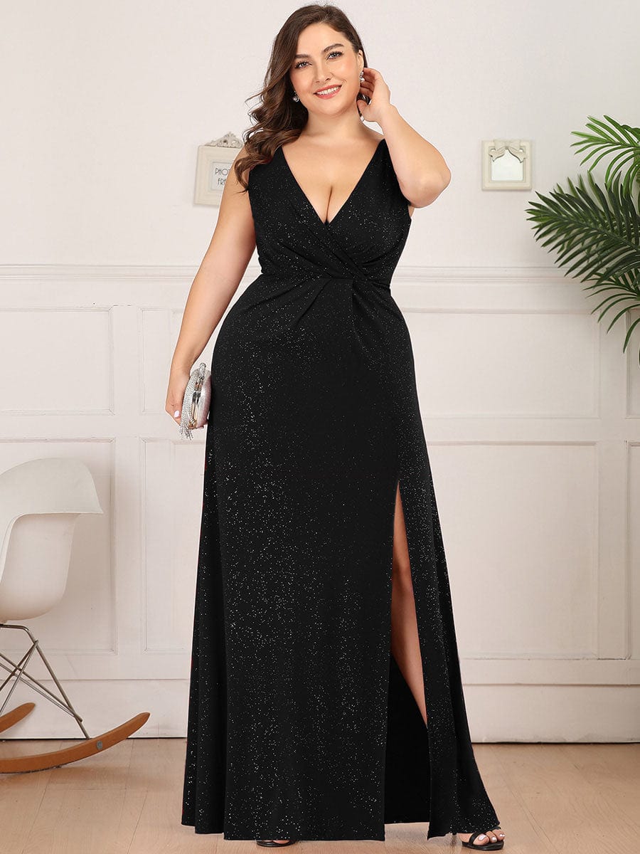 Shimmering V Neck Plus Size Evening Gowns