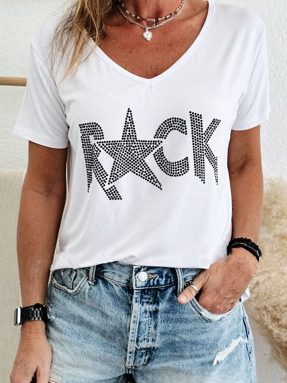 Shimmering White Rhinestone ROCK Star V-Neck Tee