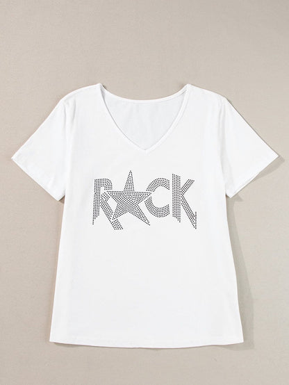 Shimmering White Rhinestone ROCK Star V-Neck Tee