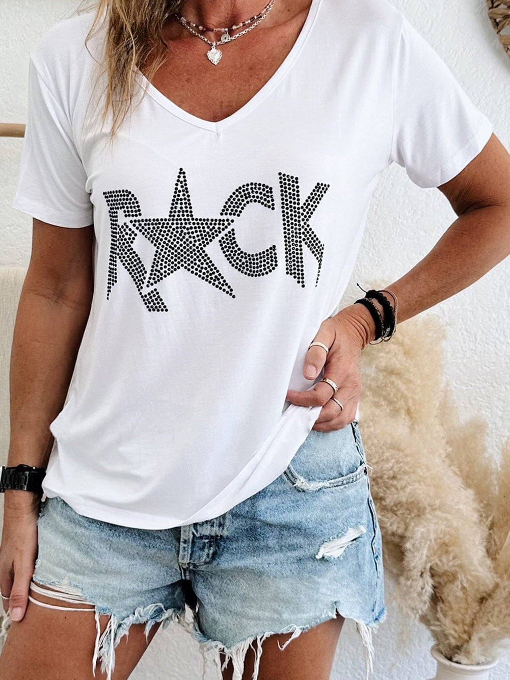 Shimmering White Rhinestone ROCK Star V-Neck Tee