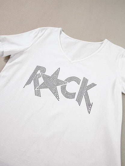 Shimmering White Rhinestone ROCK Star V-Neck Tee