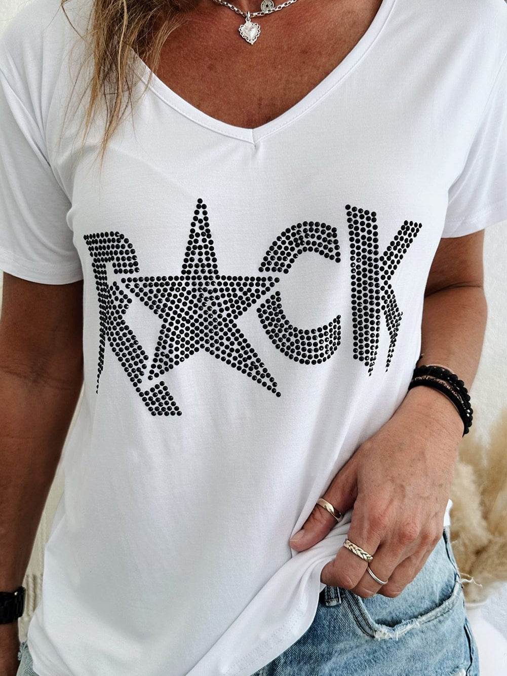 Shimmering White Rhinestone ROCK Star V-Neck Tee
