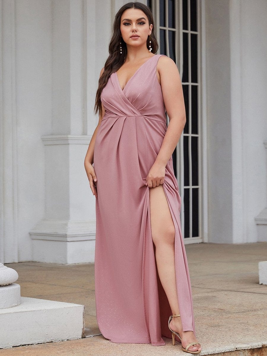 Shimmery V Neck Evening Gown With Side Split