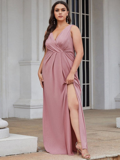 Shimmery V Neck Evening Gown With Side Split