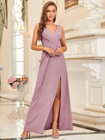 Shimmery V Neck Evening Gown With Side Split