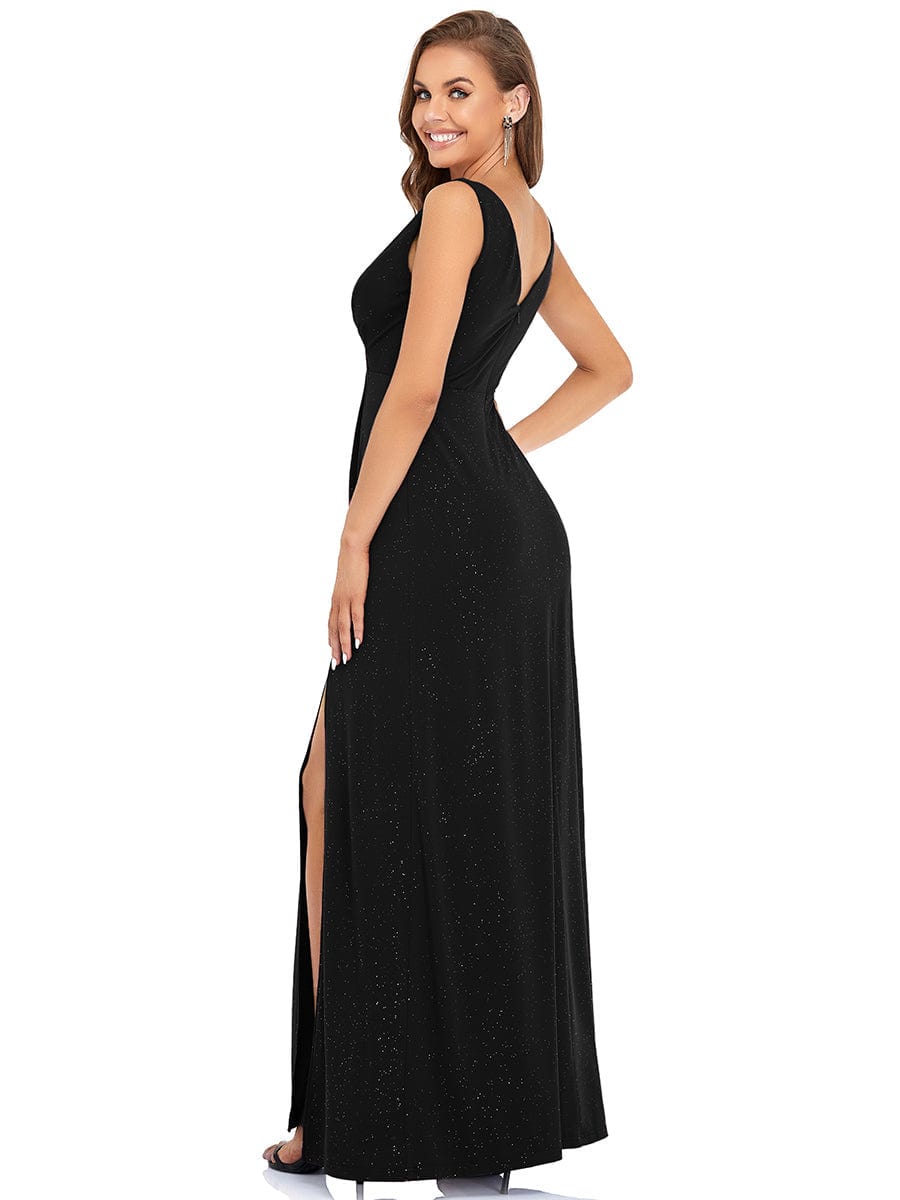 Shimmery V Neck Evening Gown With Side Split