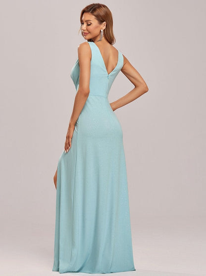 Shimmery V Neck Evening Gown With Side Split