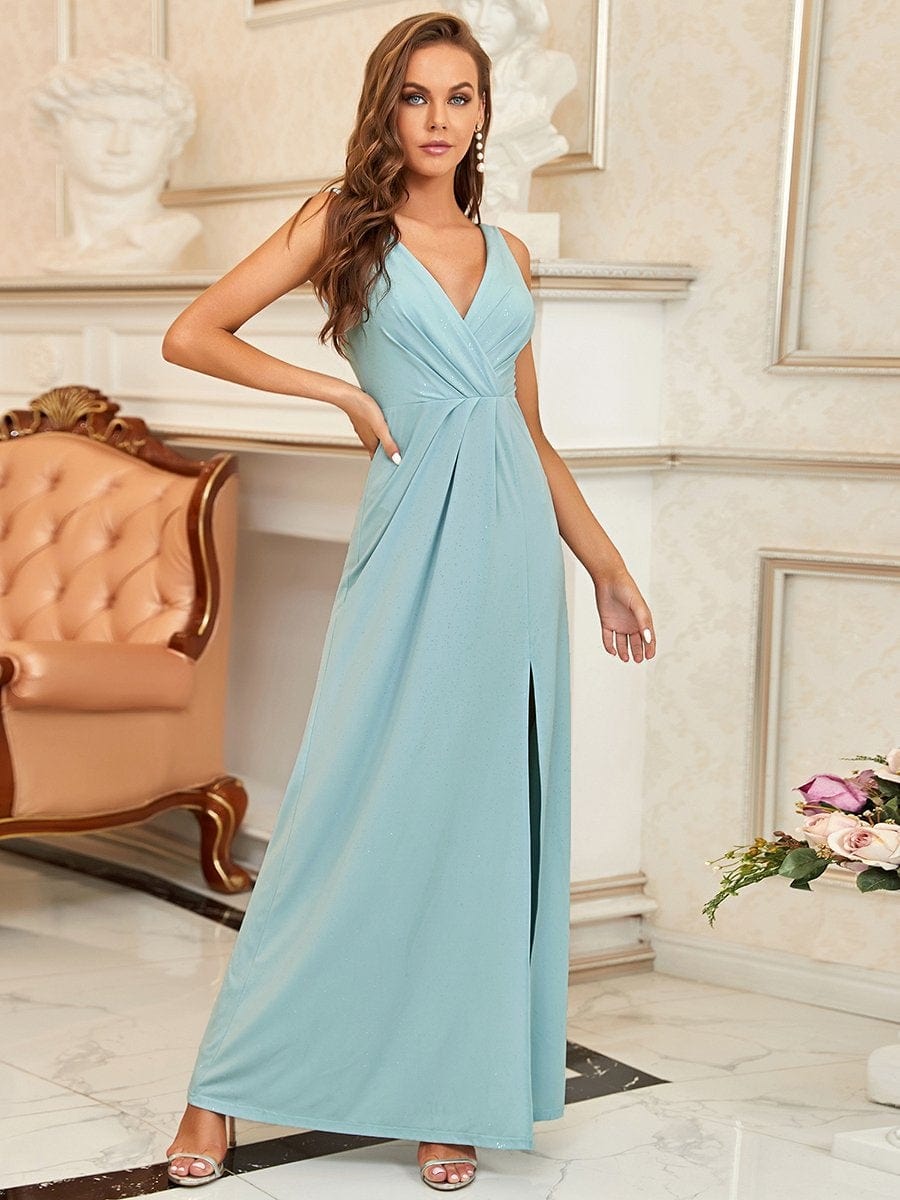 Shimmery V Neck Evening Gown With Side Split