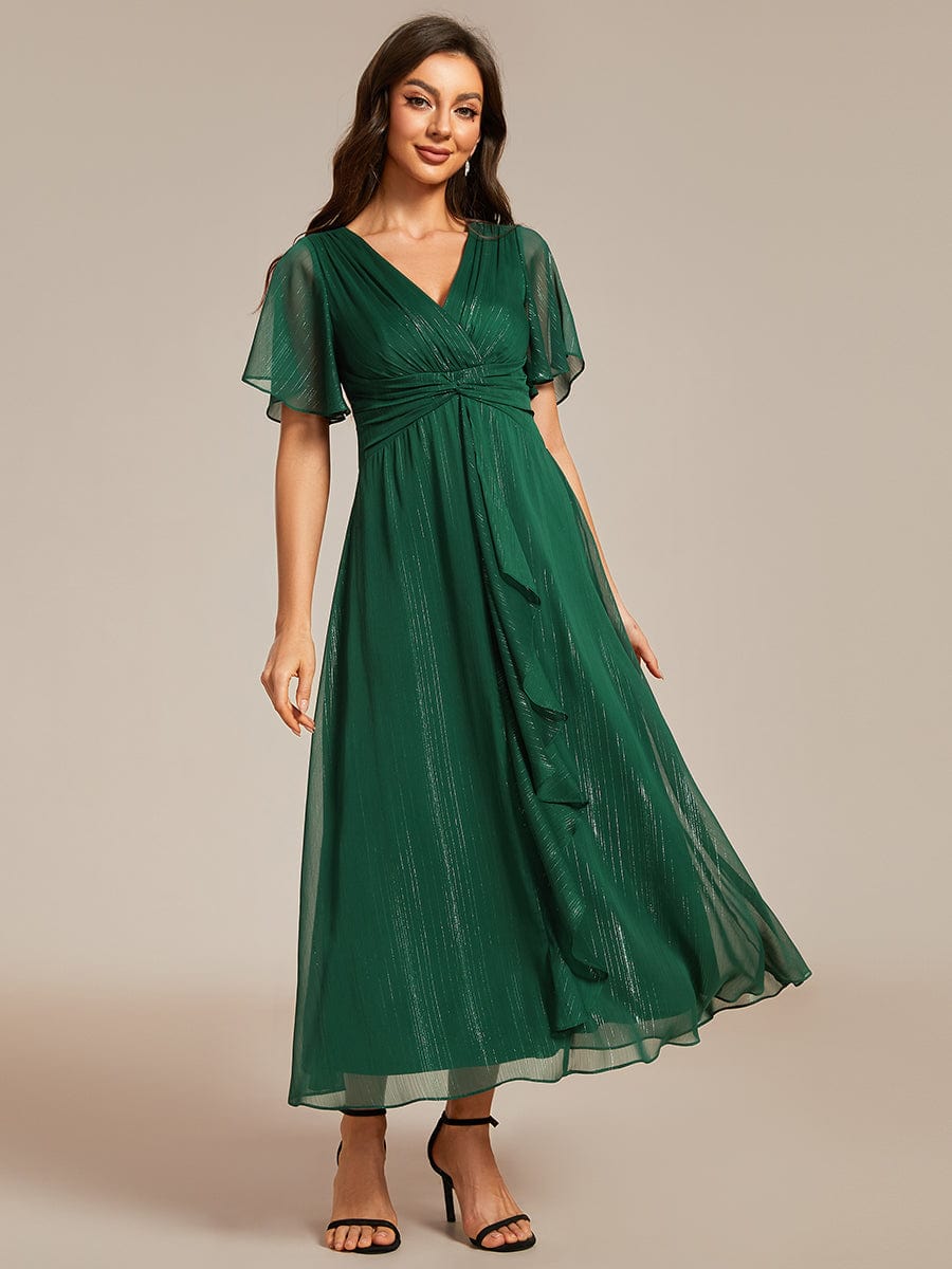 Shimmery V Neck Tea Length Wedding Guest Dress With Short Sleeves