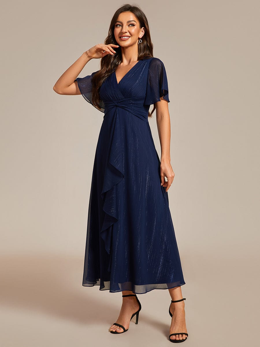 Shimmery V Neck Tea Length Wedding Guest Dress With Short Sleeves